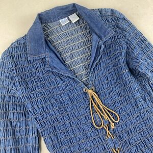 Andrew & Co Women's Blue Denim Shirred Lace up‎ Blouse Small 3/4 Sleeve Western